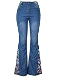 Generisch JIER Damen Elegant Bestickt Schlaghose Jeans Bootcut Flared Hose Casual Hohe Taille Jeans Mode Hose Weites Bein Retro Stil Jeanshose (Blau,S,S)