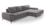 CAVADORE Schlafsofa Lina Ecksofa mit Schlaffunktion, Bettkasten, großem Longchair und Steppung im Sitz / 290 x 85 x 163 / Flachgewebe: Hellg