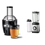 Philips Entsafter HR1856/70 (800 W, 2 Liter Kapazität, QuickClean-Technologie, inkl. Saftbehälter) & Standmixer HR3573/90, 27000 U/min, 2L Glasbehälter, Trinkflasche Metall/G