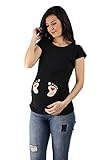 Fußabdrücke Baby mit Herz - Lustige witzige süße Umstandsmode mit Motiv Umstandsshirt für die Schwangerschaft T-Shirt Schwangerschaftsshirt, Kurzarm (Schwarz, Large)