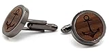 NaturSchatulle Manschettenknöpfe Herren Holz Gravur Anker I 1 Paar Schwarz Manschettenknopf Rund Hochzeit Anzug Männer Cufflinks for M