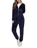 NC Damen Velours Jumpsuit Samt Anzug Jogginganzug One Piece Trainingsanzug Overall Sportanzug Einteiler Nicki Hausanzug Onesie Freizeitanzug Sportswear Tracksuit mit Taschen Navyblau M