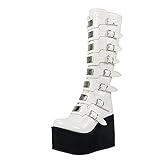 Damen Stiefel, klobig, Plateau, kniehoch, hoher Absatz, runder Zehenbereich, Reißverschluss, Punk, Gothic, Mitte der Wade, Kampfstiefel für Frauen, Bwhite Patent, 38 EU
