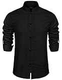 COOFANDY Hemd Herren Leinenhemd Langarm Regular Fit Stehkragen Herren Leinenhemd Schw