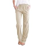 MNRIUOCII Damen Leinenhose Stretch Leicht Freizeithose Lose Bequem Langhose Einfarbirg Sommer Frühling Frauen Stoffhose Sporthose mit Kordelzug und T