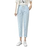 Generic liangduming Casual Tapered Caprihose FüR Damen Hose Mit Elastischer Taille Und KnöChel Weiche, Kurze Jogginghose Aus Leinen-Baumwolle Mit Kordelzug (XL,Hellblau)