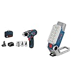 Bosch Professional 12V System Akku Bohrschrauber GSR 12V-15 (39 tlg. Zubehörset, 1x 2.0Ah Akku, 1x 4.0Ah Akku) & 12V System Akku Baustrahler GLI 12V-330 (330 Lumen, 0,3 kg, 2 Helligkeitsstufen)