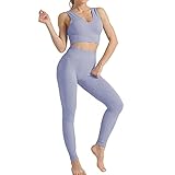 Mayround Workout Sets für Frauen 2 Stück Gerippte V-Ausschnitt BH + Hohe Taille Leggings Set Nahtlose Yoga Outfits Sportbekleidung Damen Sportswear Trainingsanzug (Violett, M)