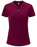 AjezMax Damen Fitness T-Shirt Kurzarm Baumwolle Yoga Wander SportsTop Lässig Atmungsaktiv Laufen Shirt mit Reißverschluss Weinrot M