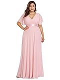 Ever-Pretty Damen Abendkleid Chiffon A-Linie Lange Große Größe Abschlusskleid V Ausschnitt Kurze Ärmel Hohe Taille Rosa 50