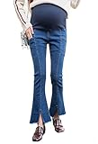 AIRMOOD Damen Umstandsjeans Stretchy Slim Flare Jeans Denim Hose, Verstellbare Umstands Blaue Jeans Ausgestellte Strumpfhose Mit Tasche,L