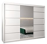 Kryspol Schwebetürenschrank Verona 2-250cm mit Spiegel Kleiderschrank mit Kleiderstange und Einlegeboden Schlafzimmer- Wohnzimmerschrank Schiebetüren Modern Design (Weiß)