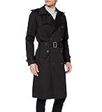 Herren Schwarz Traditional Zweireiher Langer Trenchcoat Baumwolle Military Reg