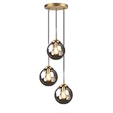 HJXDtech Industrielle Vintage Messing 3-Fläming Pendelleuchte Cluster, Grau Glaskugel Hängelampe Kronleuchter E27 Fassung Deckenleuchte für Küche W