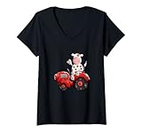 Damen Kuh mit rotem Traktor T Shirt I Trecker Bauernhof Jungen T-Shirt mit V