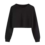 SALUCIA Damen Teenager Mädchen Oversize Knoten Rundhals Langarm Cropped Sweatshirt Pullover Herbst Winter Mode Unifarben Bauchfreie Langarmshirt Jumper Pulli Kurz Oberteile Crop Top