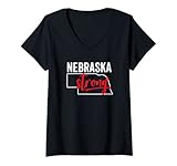 Damen Nebraska Starke Amerika Weinlese Weißer Umriss Rot T-Shirt mit V