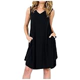 Beach Dress for Women Summer Casual,Women's Sexy Fashion Solid Color Sleeveless Skirt Pocket V-Neck Tank Dress O-Neck Mini Dress Leisure Dress, Knee-Length D