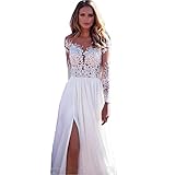 Briskorry Abendkleider Damen Elegant V-Ausschnitt Spitzenkleid mit Schlitz Lang Spitze Hochzeitskleider Brautkleider Langarm Cocktailkleider Abschlussballkleid Partykleid Maxik