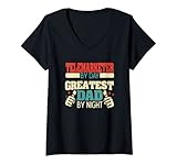 Damen Telefonverkäufer am Tag, bester Vater der Welt bei Nacht T-Shirt mit V