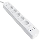 KabelDirekt – 5-Fach-Steckdosenleiste & Mehrfachsteckdose (USB, Quick Charge 3.0, Schnellladegerät, lädt geräteabhängig bis zu 3× schneller, Überspannungs-/Berührungsschutz, TÜV-geprüft, weiß)