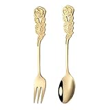 YARNOW 2 STK Blumen Löffel Gabeln Besteck Set Rosen Design Edelstahl Tafelbesteck Teelöffel Golden Dessert Kuchengabel Cocktail Gabel Kaffeelöffel Rührlöffel Zucker Lö