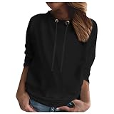 Yuwegr Damen Sweatshirt Casual Slim Fit Langarm Pullover Kordelzug Solid Sweatshirts Damen Langarmshirt Bequem Bluse(Schwarz,S)