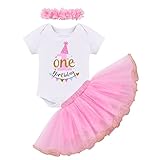 Kleinkind Baby Mädchen 1. / 3. Geburtstag Ammer Outfit Kostüm Prinzessin Verkleidung Strampler/T-Shirt +Prinzessin Tütü Rock+Bowknot Stirnband 3Stück Karneval Fotografie Requisiten Rosa 1 J