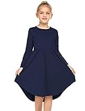 Parabler Kleid Kinder Blau Swing Prinzessin Kleider Mädchen Festlich Langarm Kleid Herbstkleid A Linie Retro Gedruckt O-Ausschnitt Gr.130