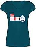 Fussball WM 2022 Fanartikel - 12. Mann England Mannschaft - L - Türkis - 32 - XO1525 - Damen T-Shirt mit V