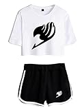 Hifoda Damen Anime T-Shirt und Shorts Fairy Tail Sport-Sets mit Klassisches Logo Happy Lässiger Modeanzug Kurzarm & Kurze Hose(S)