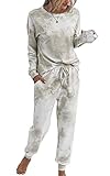 Spec4Y Pyjama Damen Zweiteilige Nachtwäsche Tie Dye Druck Langarm Oberteil Lang Hose Schlafanzug Loungewear mit Taschen 2035 Khaki X-Larg