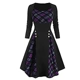 MOKBAY Damen Kleid Vintage Rundhals Röcke Plaid Patchwork Mock Button Langarm Damen Röcke Für Mädchen Kleider Hochzeit Kleid Skirts for Damen Midi Length Röcke Festliche Für D