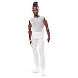 Barbie GXL14 - Signature Looks Puppe Ken (brünett mit geflochtenem Haarknoten), bewegliche Modepuppe mit weißem T-Shirt und weißer Hose, Spielzeug ab 6 J