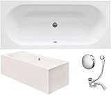 VBChome Badewanne 170 x 75 cm Acryl SET Schürze Siphon Acrylwanne Wanne Rechteck Weiß Design Modern Wannenfüßen Ablaufgarnitur Chrome Viega Simplex