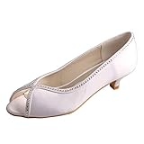 Damen Low Heel Hochzeit Brautschuhe Peep Toe Satin Diamante Pumps MQW-1007,Weiß,39 EU