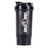 GORILLA SPORTS® Protein Shaker mit Siebeinsatz und Extra-Pulverfach 500 ml Schwarz – Fitness Shaker für Eiweiß- und Sportgetränke B