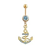 JIEERCUN Piercing Nabel Edelstahl Strass Kristall Anker Bauchnabel Ringe Gold Baumeln Bauchringe Körperschmuck Piercings Bauchketten (Color : Gold Blue)