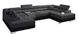 Ecksofa Miami U mit Schlaffunktion, Eckcouch mit Bettkasten, U Form Couch, Ecksofa mit Bettkasten, Sofagarnitur mit Schalffunktion, 338 x 203 cm (Dunkelgrau + Schwarzer Kunstleder -EKO)