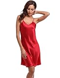 Litherday Damen Negligee Satin Sexy Nachthemd Nachtkleid Einfarbige Satin Nachtwäsche Für Frau Elegante Sleepwear Kurz Unterwäsche V-Ausschnitt 100% Polyester Rot XL