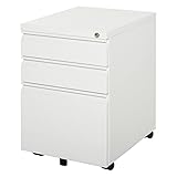 Vinsetto Rollcontainer mit 3 Schubladen Aktenschrank Büroschrank mit Rädern Bürocontainer mit konkavem Griff für Home-Office Stahl Weiß 39 x 48 x 60