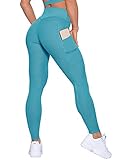 Laseily Damen-Yoga-Leggings mit hohem Taillenbund, Stretch, gerippt, mit Taschen, seeblau,