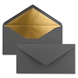50 Brief-Umschläge DIN Lang - Anthrazit-Grau mit Gold-Metallic Innen-Futter - 110 x 220 mm - Nassklebung - festliche Kuverts für Einladung