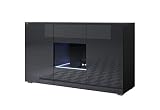 Muebles Bonitos | Sideboard Modell Luke A2 | Breite 120 x Höhe 72 x Tiefe 40 cm | Glänzendes Melamin | 3 Türen | LED-Beleuchung | Schwarz mit Standardfüß