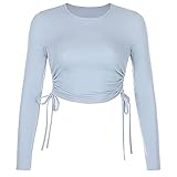 Damen Langarm Crop Tops Yoga Tops Tailliertes Crop T-Shirt Basic Rundhals Yoga Laufshirts Fitness Trainingstop (S,Blau)