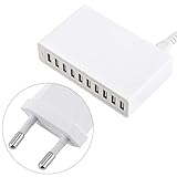 Uxsiya Multi-Port-USB-Ladegerät, 50W 10-Port-USB-Unterstützung für mehrere Geräte Kurzschlussschutz für Lautsprecher für Externe Laufwerke, MP3-Player und mehr.(Weiß, Europäische Vorschriften)