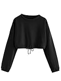 DIDK Damen Crop Sweatshirts Bauchfrei Pullover Langarm Oberteil Crop Top Kurz Herbst Pulli mit Ziehbändchen Schwarz M