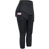 Lazzboy Leggings Damen High Waist Frauen Tennis Rock Taschen Elastic Sports Yoga Capris Röcke Legging Mit Knöchellange Engen Bescheiden Lauf Skort Hockey Hose 2 In 1 (Schwarz,2XL)