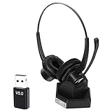 MAIRDI Bluetooth 5.0 Headset mit Mikrofon Noise Canceling, Stereo Wireless Headset mit Ladestation, mit USB Bluetooth Adapter für PC Call-Center, Handy, Büro, Zoom, Microsoft Team, Skype C