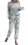 Spec4Y Pyjama Damen Zweiteilige Nachtwäsche Tie Dye Druck Langarm Oberteil Lang Hose Schlafanzug Loungewear mit Taschen 2035 Grau Weiß X-Larg